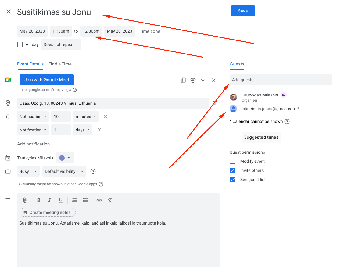 Google Calendar susitikimo redagavimas