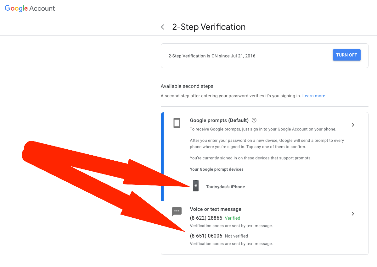 Google Account 2-Step Verification dviejų žingsnių patvirtinimas telefonu