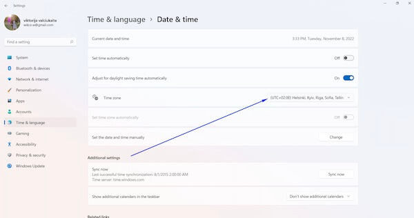 Windows 11 kompiuterio nustatymai laiko zona